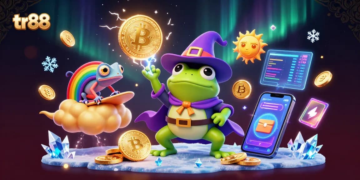 Win big with tr88 as a wizard frog conjures golden coins and crypto elements.