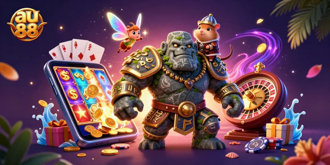 Engage in thrilling gameplay with au 88's vibrant casino elements featuring slot games and a mystical adventure.