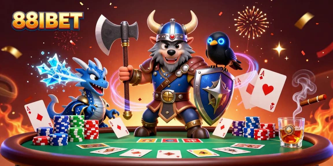 Experience thrilling poker action with 88IBET's cartoon Viking, dragon, and poker elements.