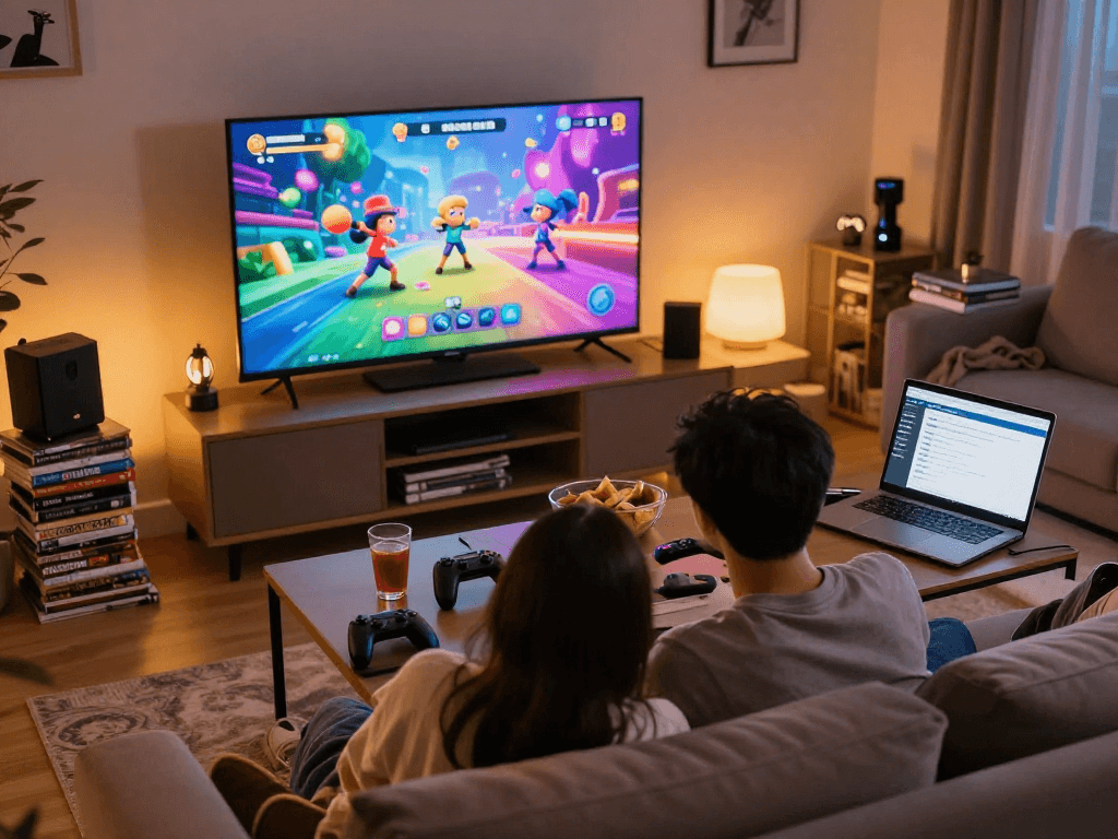 Couple engaged in adult gaming exploring degrees of lewdity in a casual living room setting with vibrant visuals and cozy atmosphere.