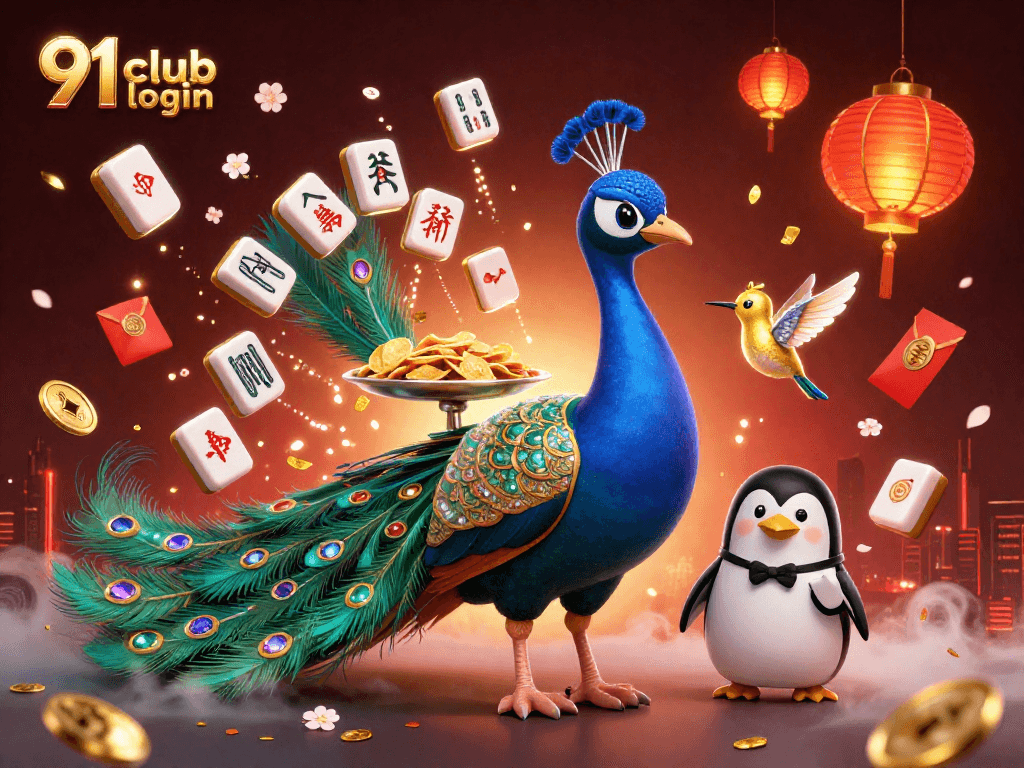 Engage with 91 club login featuring a regal peacock, butler penguin, and golden hummingbird amidst vibrant casino elements.
