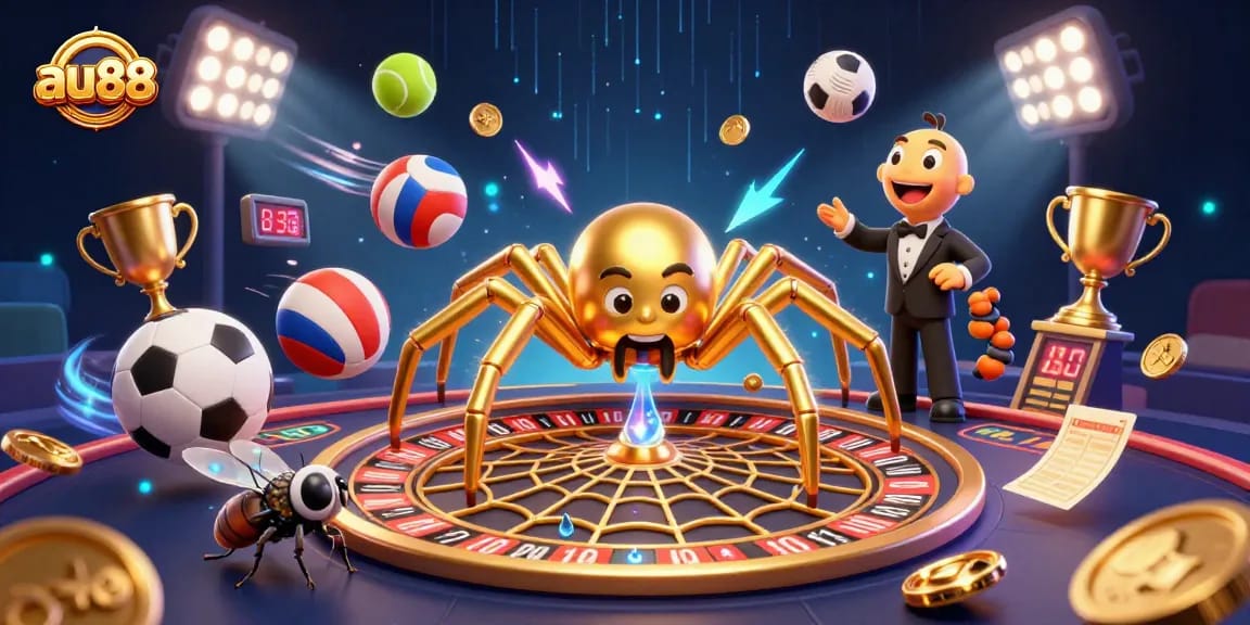 Bet with confidence at au88, featuring a vibrant casino illustration with a golden spider and dynamic sports elements.