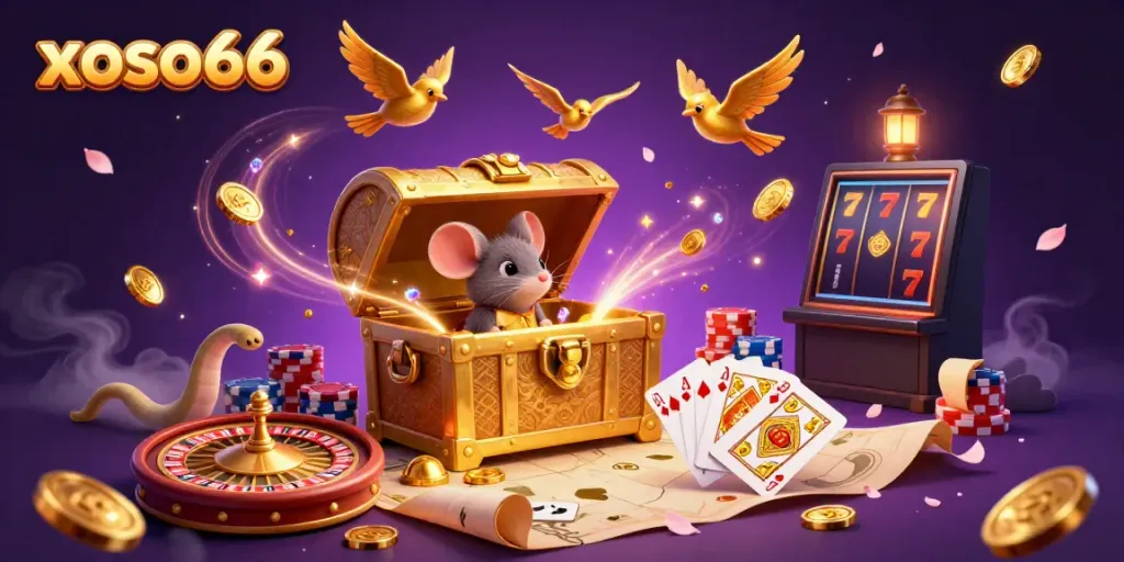 xoso66 lures players with a dynamic casino scene featuring a treasure chest and sparkling treasures.
