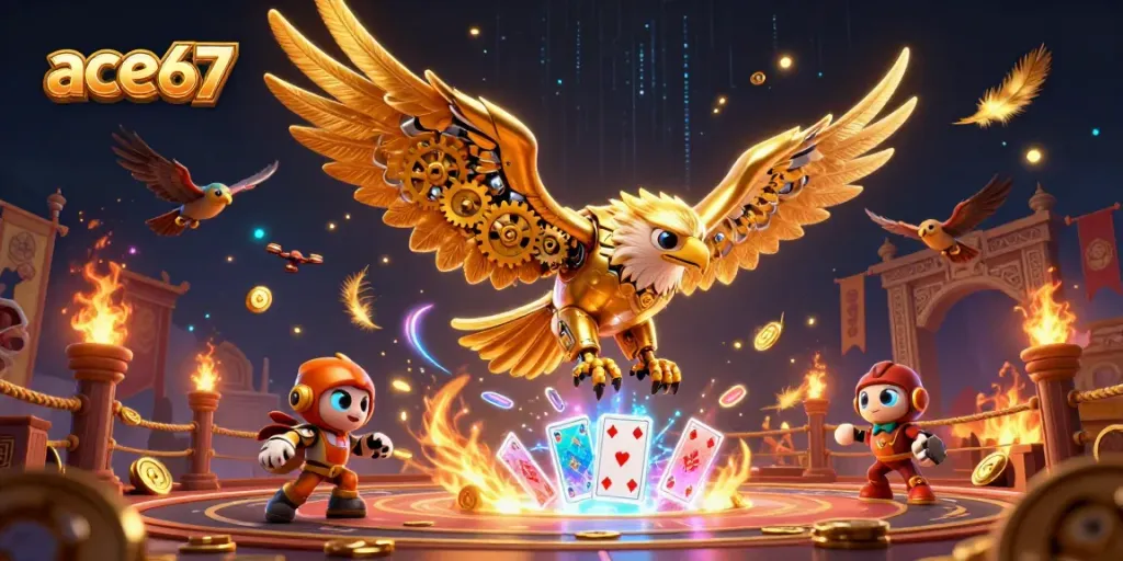 Experience the thrill of ace67 with a cybernetic eagle amidst a vibrant casino scene.