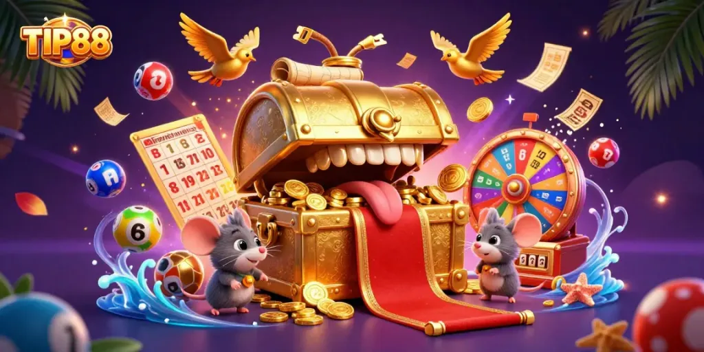 Experience the thrill of winning at TIP88 with vibrant 3D casino gaming elements and rich illustrations.