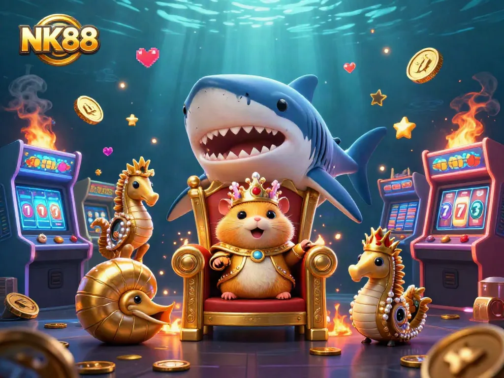 Engage with the exciting NK88 gaming scene featuring a fierce golden hamster king and vibrant casino elements