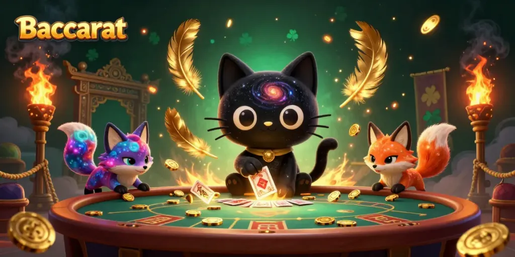 Baccarat game scene with a cosmic cat and fox, featuring swirling galaxy and golden chips.