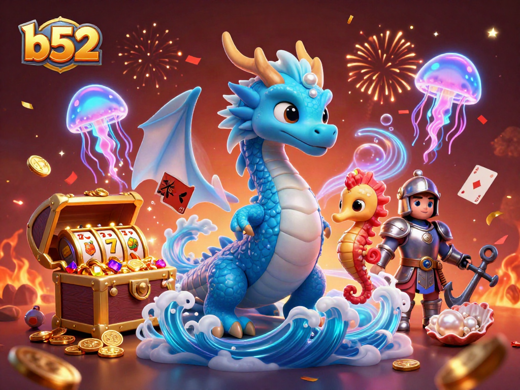 Engage in b52 casino adventures with a vibrant 3D illustration of a water dragon and joyful sea creatures.