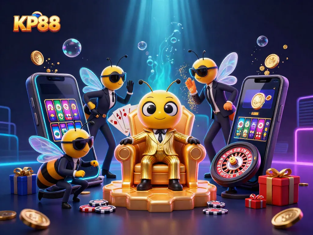 Experience the excitement of KP88 as animated characters depict an engaging casino scene full of games.