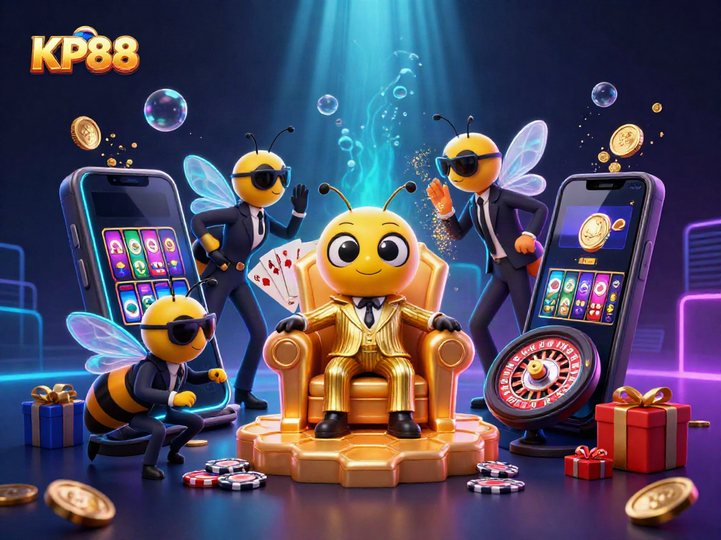 Experience the excitement of KP88 as animated characters depict an engaging casino scene full of games.
