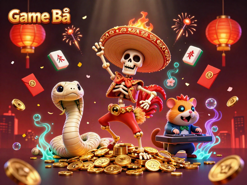 Experience the vibrant world of Game Bài with lively characters dancing on golden coins, surrounded by festive elements.