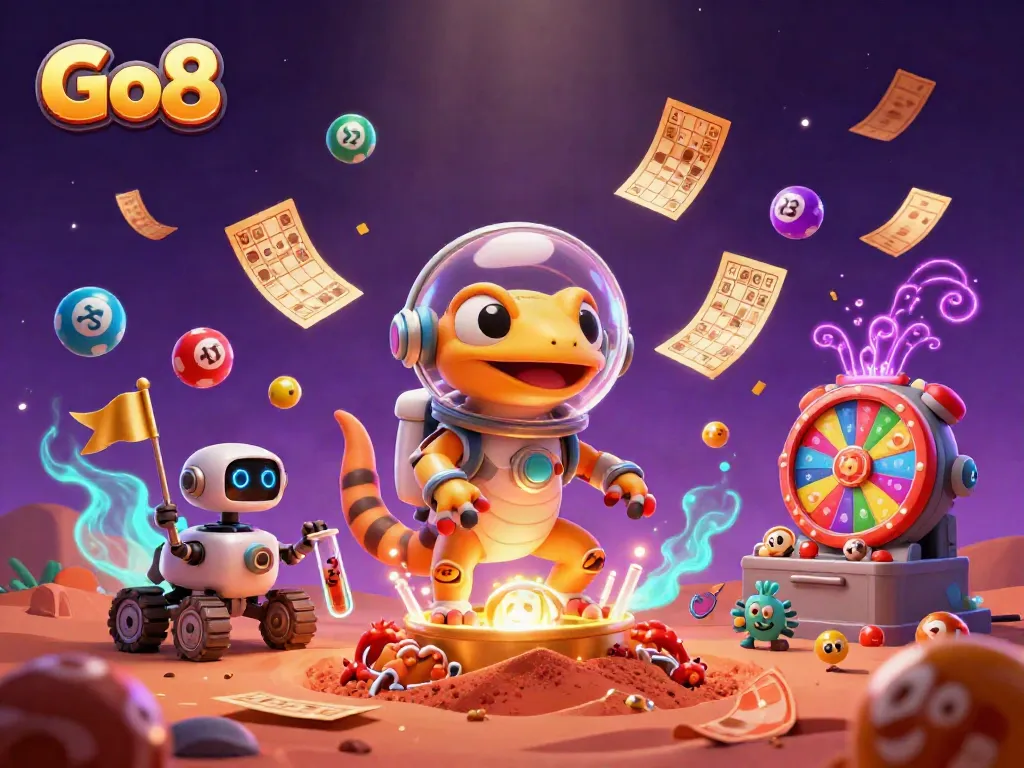 Go8 presents an exciting adventure in a golden casino scene with Martian gecko and vibrant game elements.