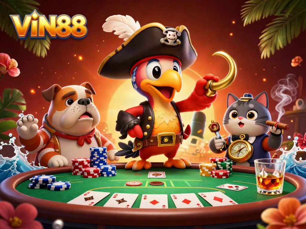 Experience thrilling gameplay with VIN88 at this dynamic 3D cartoon casino scene.