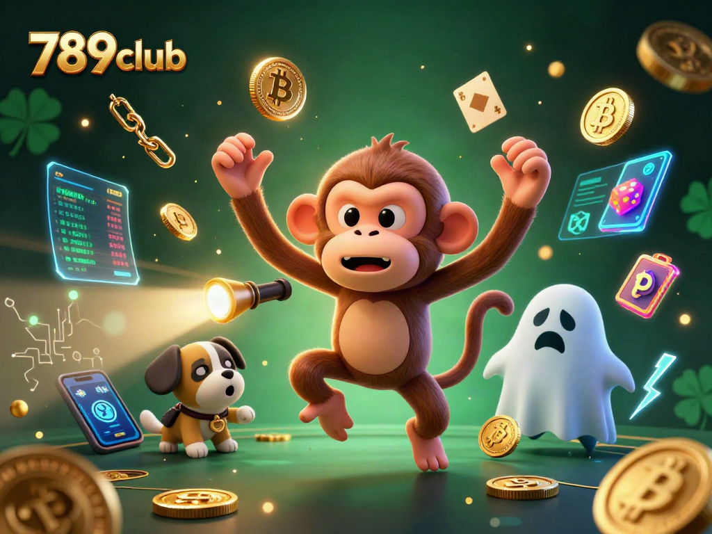 Join the excitement at 789club with a thrilling scene of a mischievous monkey juggling casino treasures.