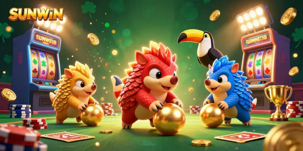 SUNWIN pangolins roll golden balls and chips in a vibrant casino scene.
