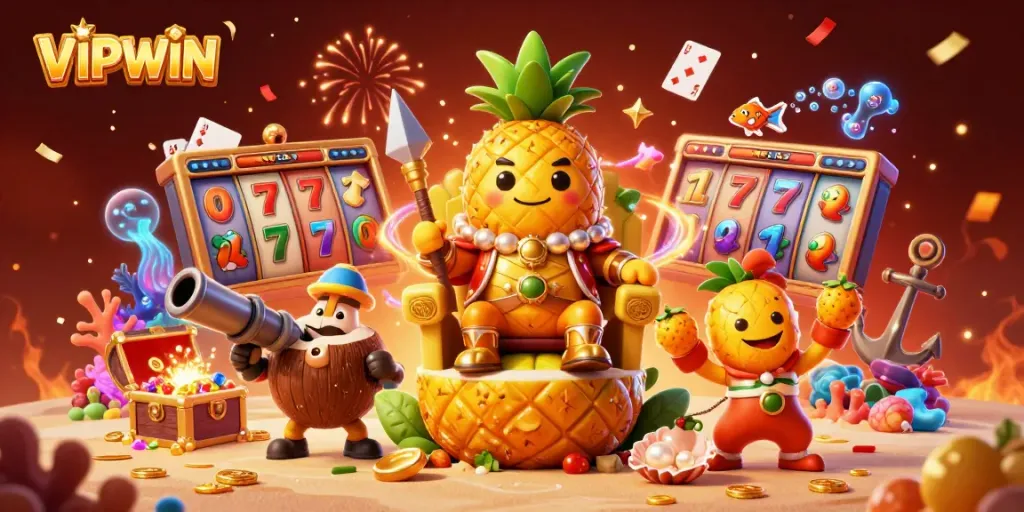 Engage in thrilling adventures with VIPWIN's vibrant cartoon illustration featuring a golden pineapple king and slot elements.