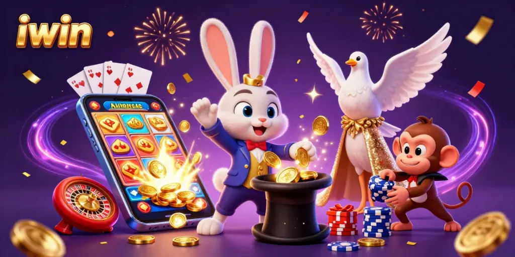 Engage in thrilling gaming with iwin's captivating 3D casino scene filled with lively characters and vibrant casino elements.