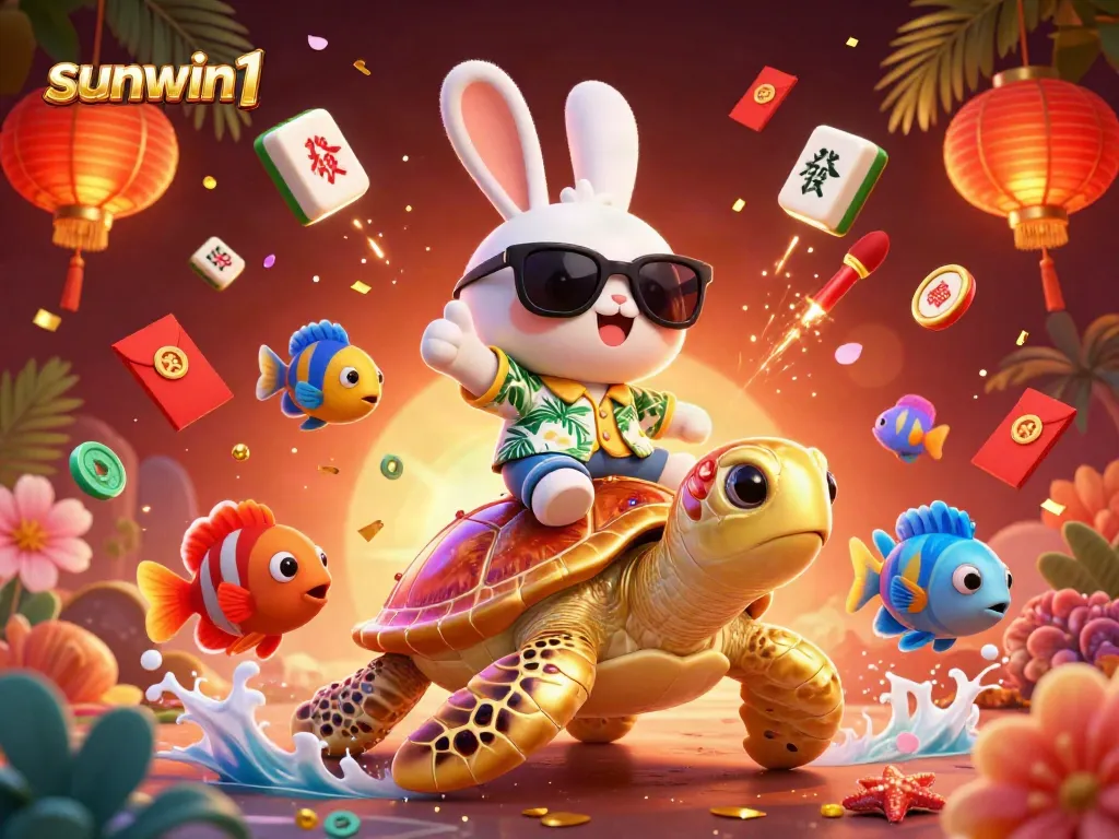 Experience the thrill of gaming at sunwin1 while riding a lucky turtle surrounded by festive casino elements.