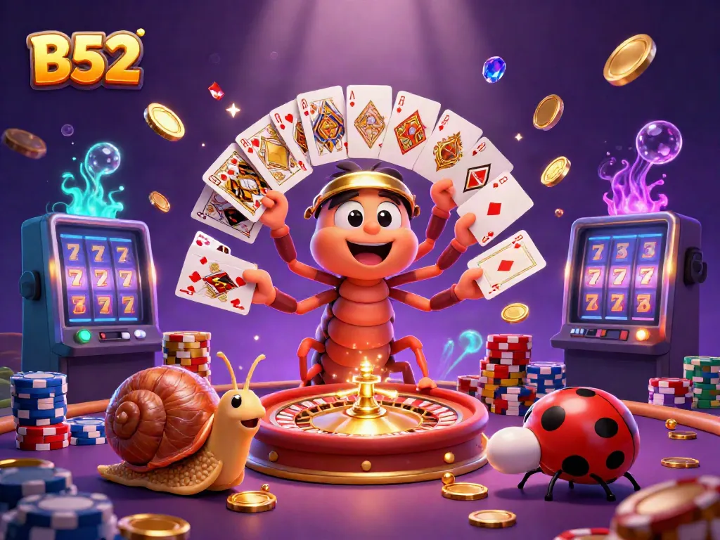 Experience the excitement of B52 with a dynamic 3D illustration of a cartoon casino scene filled with vibrant game elements.