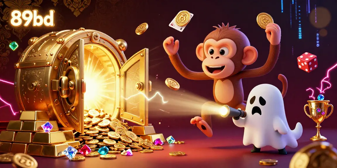 Experience the excitement of 89bd as the mischievous monkey juggles casino treasures in a rich, haunted backdrop.