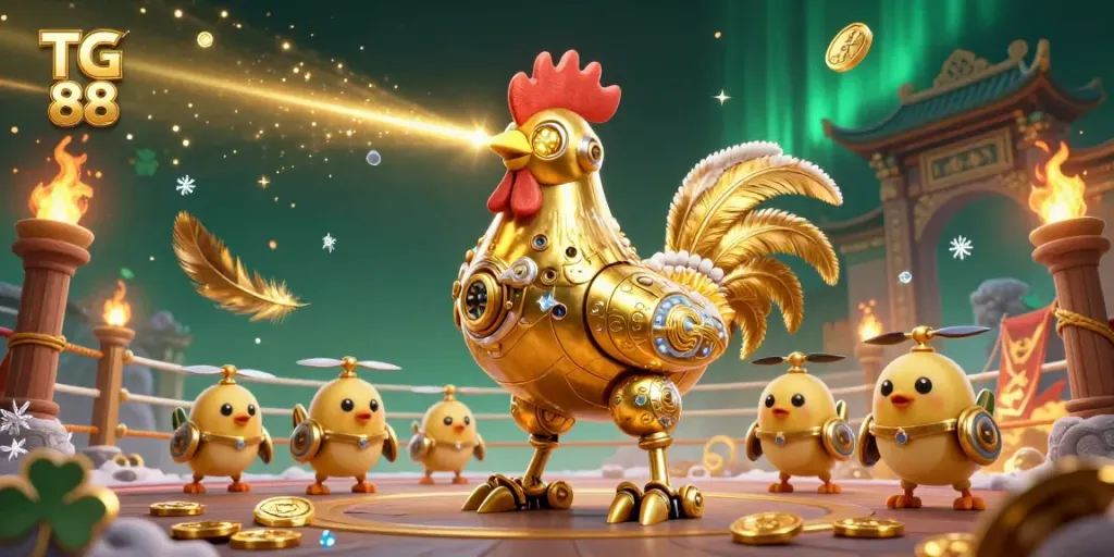Experience the energy of TG 88 with vivid golden rooster robot characters and casino-themed elements in a dynamic 3D scene.