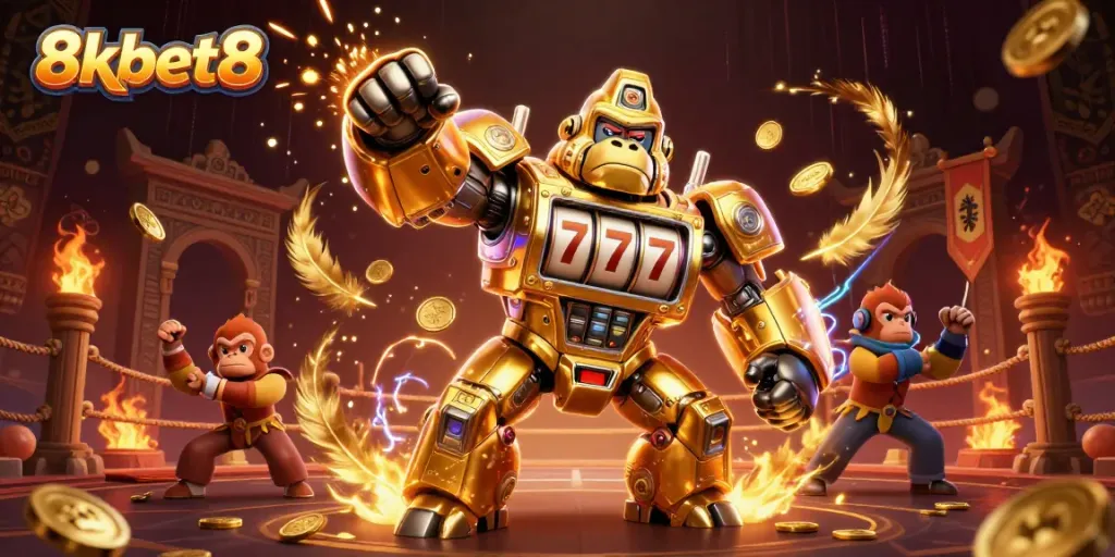Immerse in 8xbet8's vibrant casino adventure with a golden gorilla mech and explosive winnings.