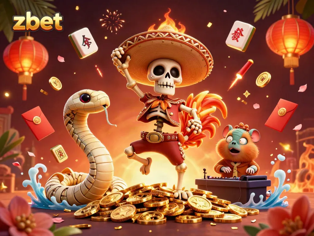 Celebrate wins at zbet with this vibrant casino-themed 3D illustration featuring unique characters and game elements.