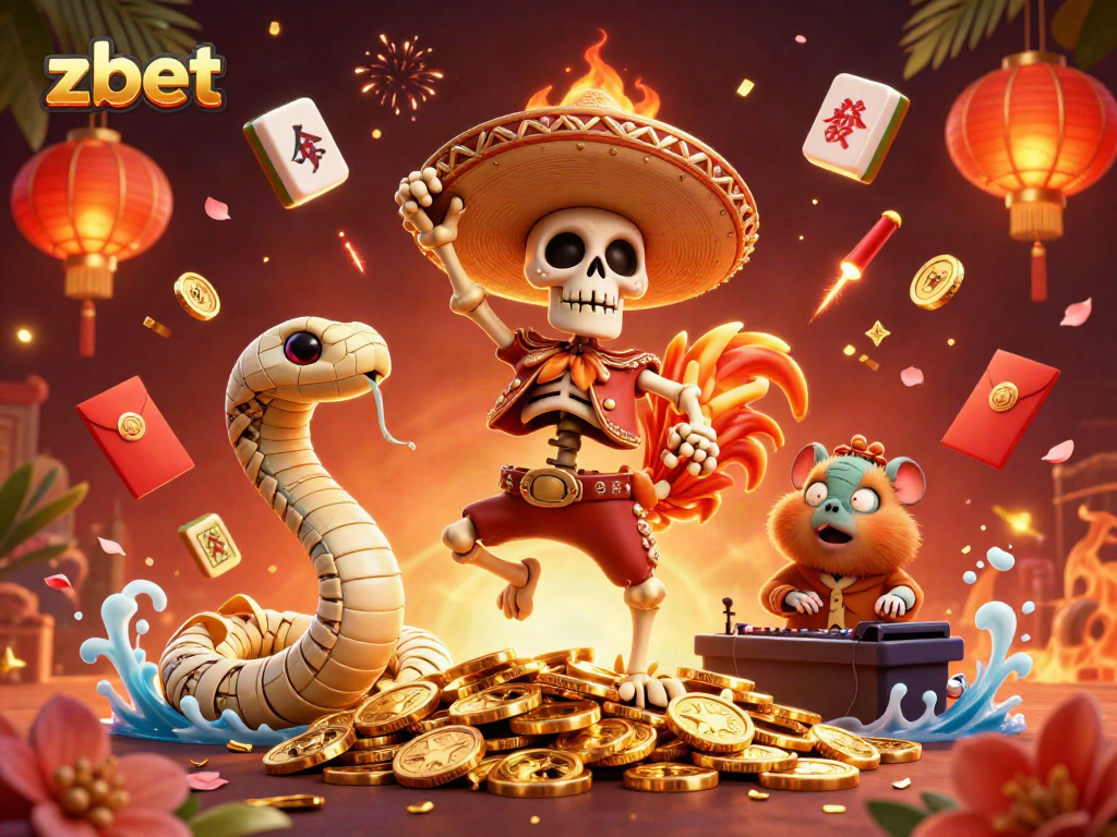 Celebrate wins at zbet with this vibrant casino-themed 3D illustration featuring unique characters and game elements.