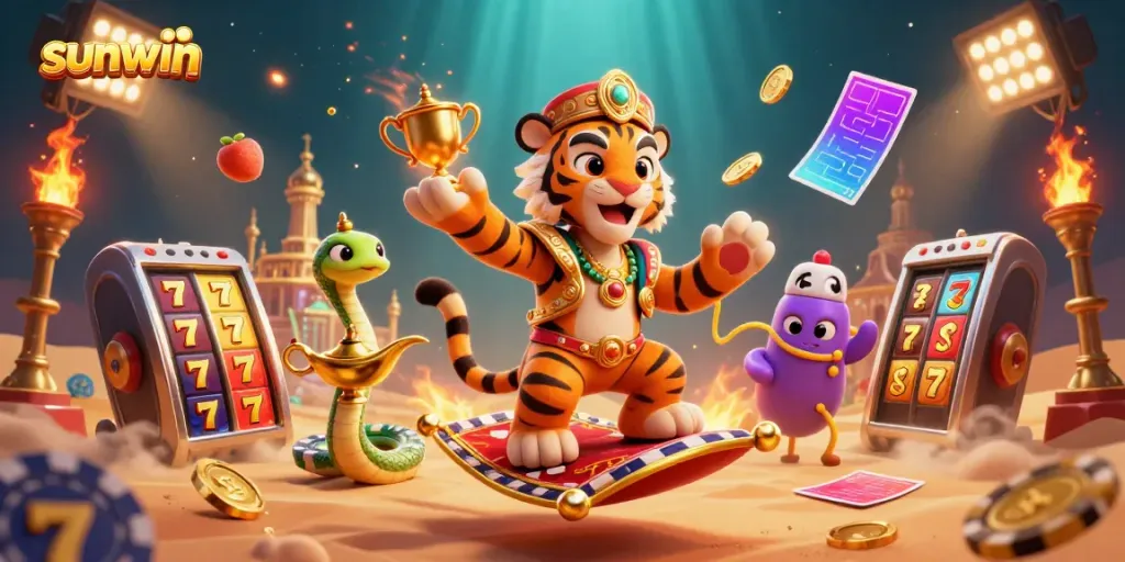 Experience thrilling gameplay at sunwin with a vibrant 3D illustration depicting slot games, golden treasures, and a majestic tiger sultan.