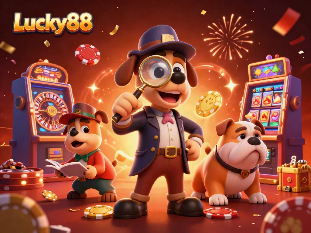 Experience the excitement of Lucky88 with a detective dog duo uncovering casino treasures amidst vibrant games.