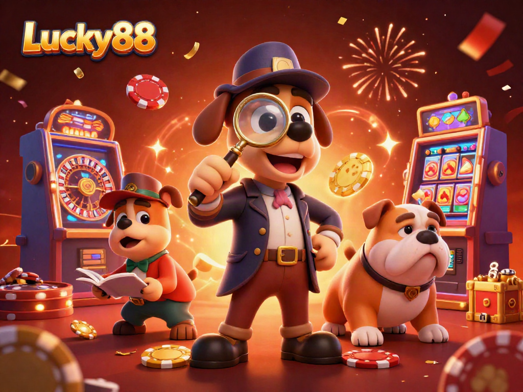 Experience the excitement of Lucky88 with a detective dog duo uncovering casino treasures amidst vibrant games.
