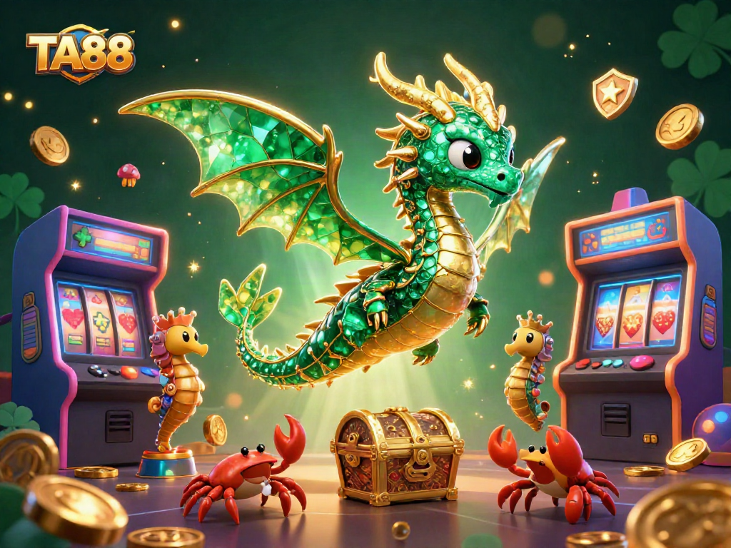 Win big at TA88 with our animated sea dragon and treasure chest, surrounded by game elements.