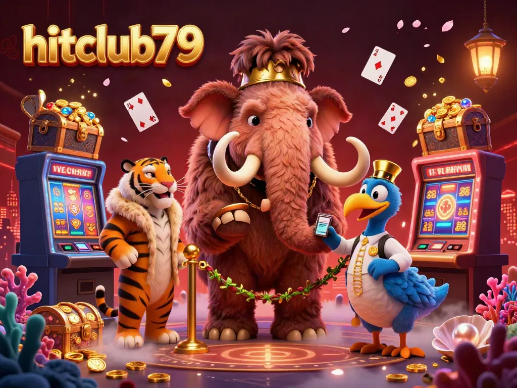 Experience the excitement at hitclub79 with cartoon mammoth bouncer, saber-tooth guest, and vibrant casino elements.
