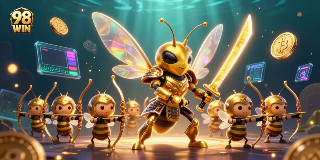Join the excitement at 98 WIN with immersive gaming elements and vibrant 3D illustrations.