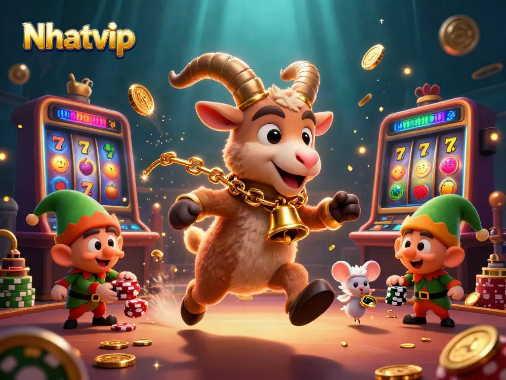 Nhatvip showcases a lively holiday-themed casino scene featuring Krampus, a mouse, and elf gremlins amidst slots and golden coins.
