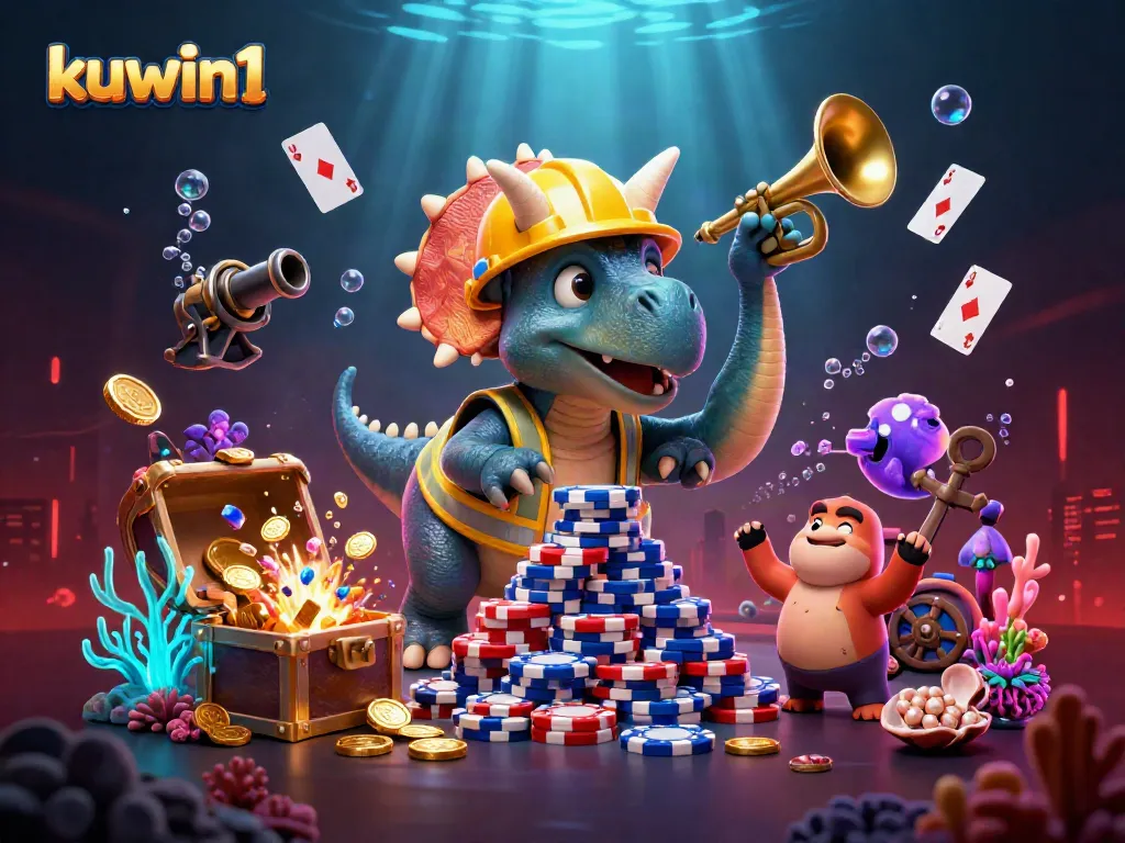 Experience dynamic gaming action at kuwin1, where triceratops celebrate victory amidst vibrant casino elements.