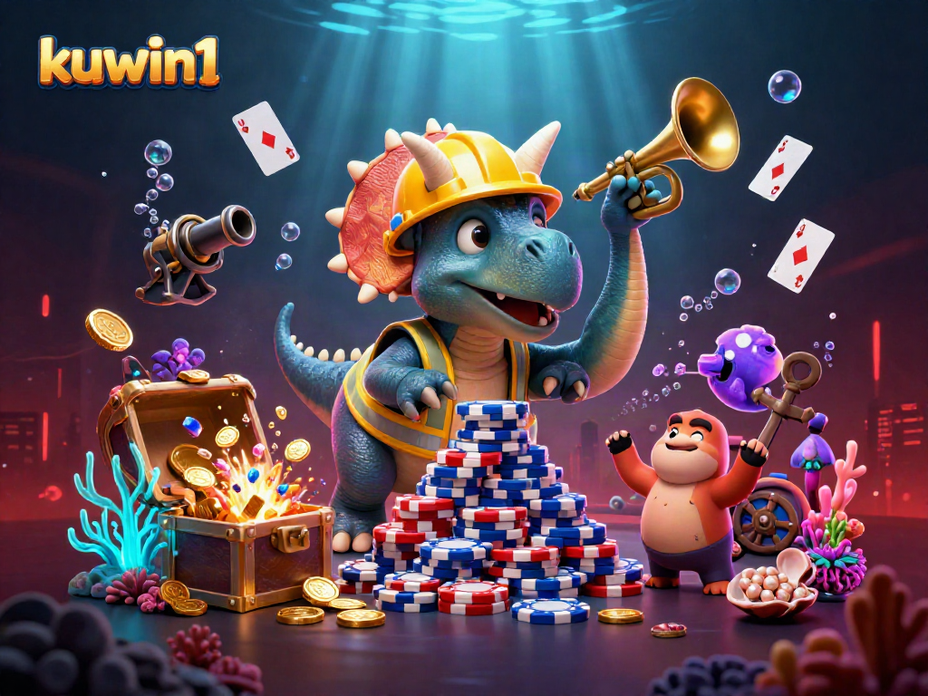 Experience dynamic gaming action at kuwin1, where triceratops celebrate victory amidst vibrant casino elements.
