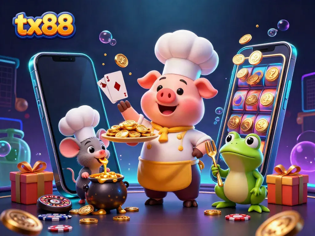 Winning at tx88 with chef pig serving gold coins in an exciting casino illustration.