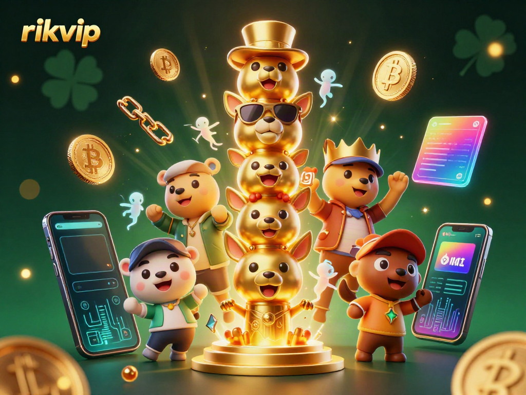 Experience thrilling gameplay at rikvip with our vibrant 3D illustration showcasing casino excitement and crypto elements.