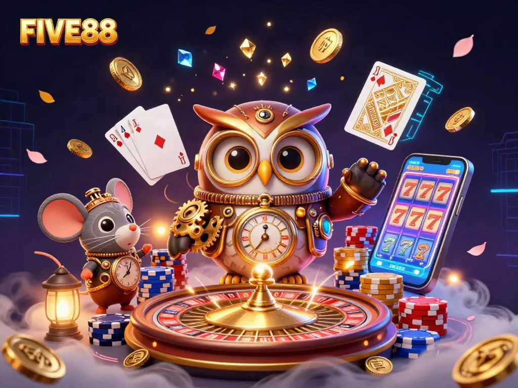 Experience the excitement at FIVE88 with vibrant casino elements and dynamic characters in a captivating illustration.