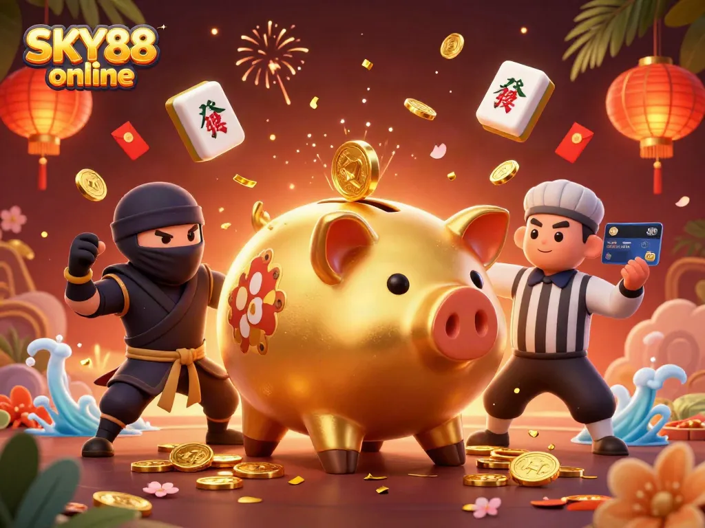 Experience captivating gameplay at SKY88 online with a dynamic casino scene featuring vibrant characters and festive elements.