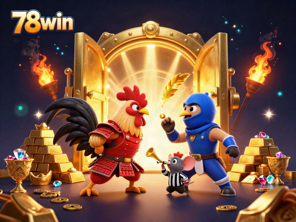 Engage with thrilling 78win action as roosters battle amidst treasures in a vibrant casino scene.