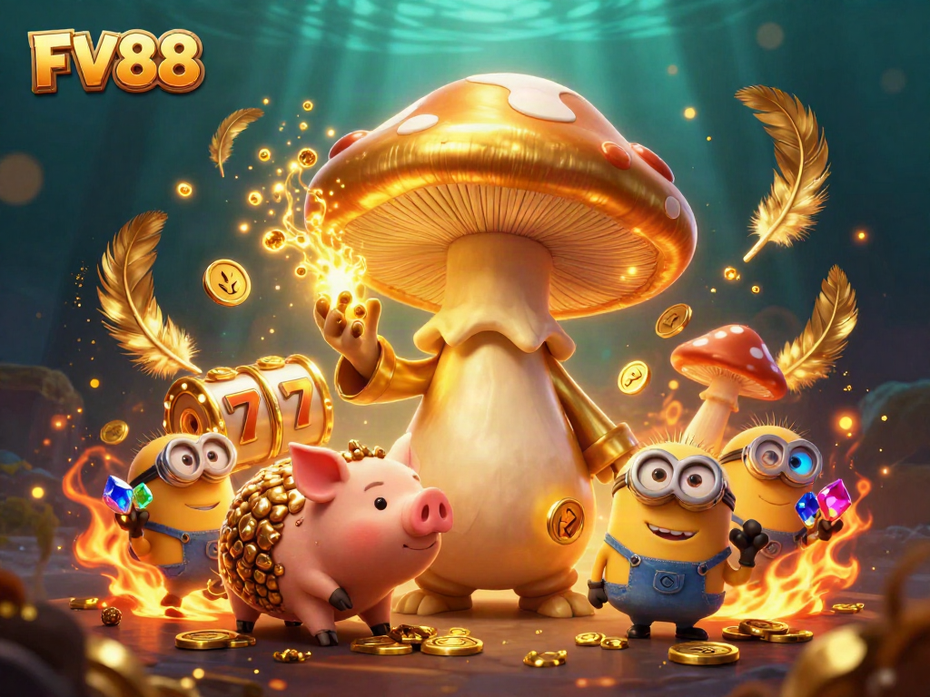 Spin the golden slot reels with FV88 in a magical casino scene featuring a golden mushroom wizard.