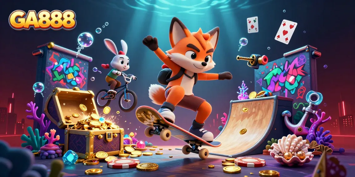Experience thrilling action at GA888 with a vibrant scene of a fox and rabbit in a casino-themed illustration.