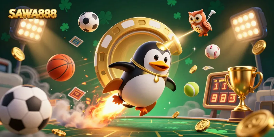 SAWA888 showcases a thrilling 3D scene of a golden penguin racing towards a cosmic casino.