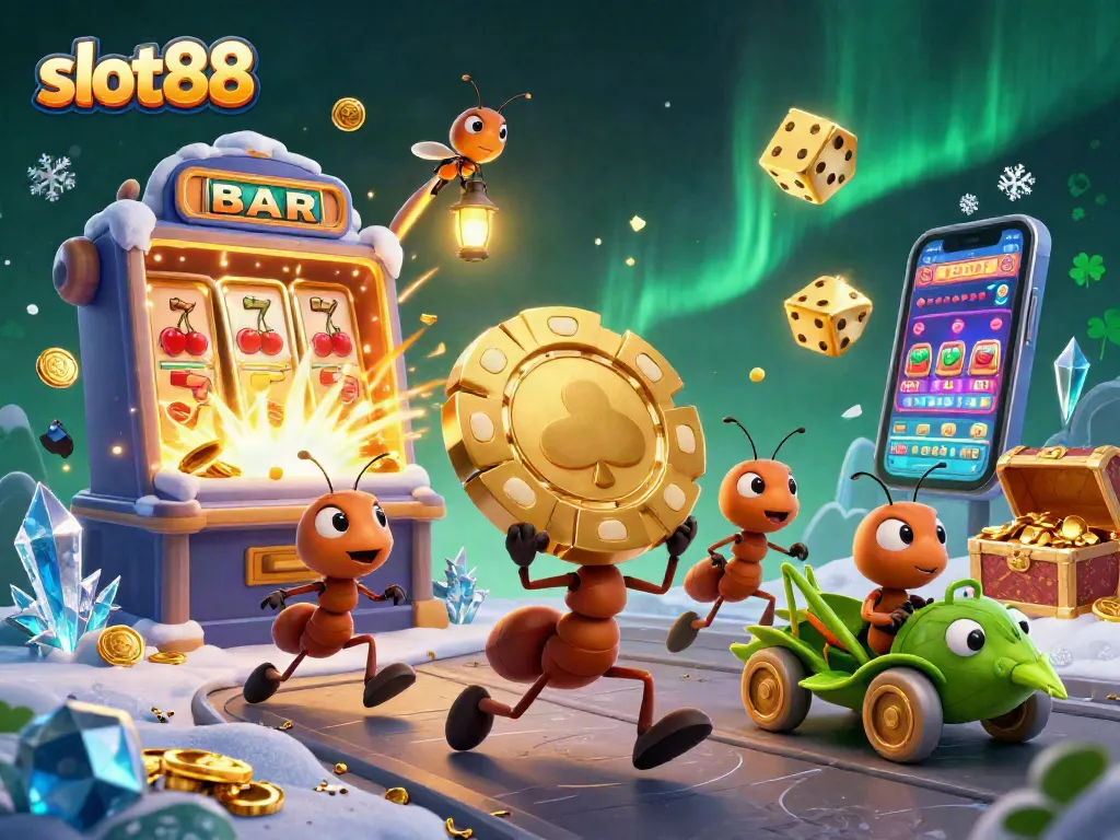 Experience thrilling action with slot88 as ants carry a giant poker chip in an exciting casino heist scene.