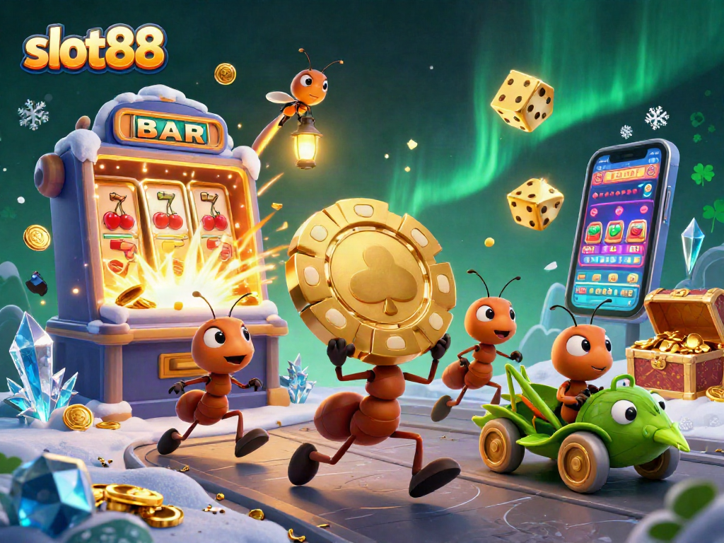 Experience thrilling action with slot88 as ants carry a giant poker chip in an exciting casino heist scene.