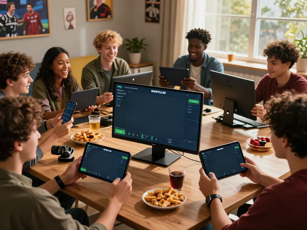 Friends enjoying live sports on MANTUL88 during a game night.