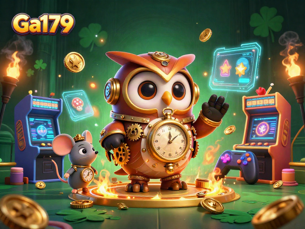 Engage with Ga179's dynamic casino-themed scene featuring an owl and a mouse amid vibrant gaming elements.