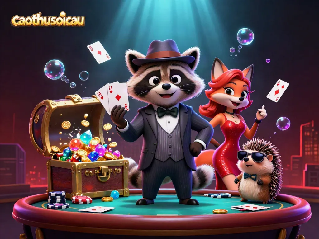 Join the caothusoicau experience as raccoon, fox, and hedgehog celebrate a winning night at the poker table.